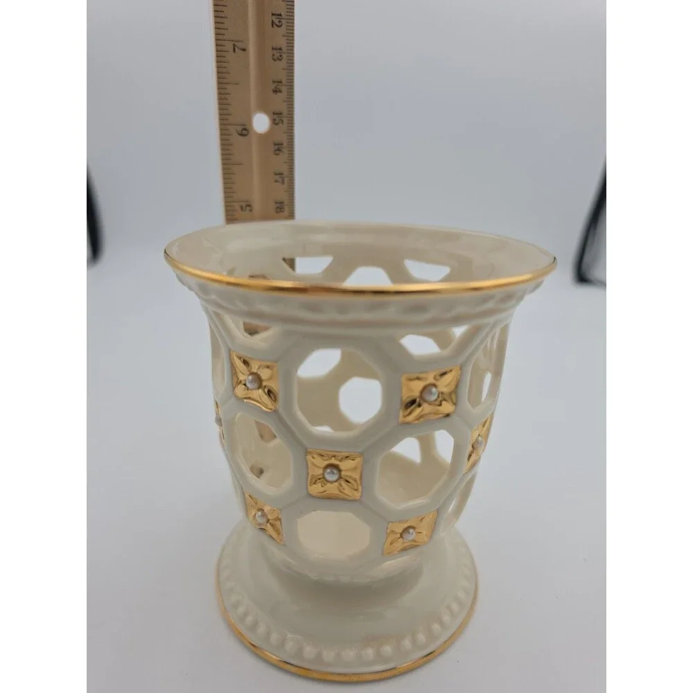 Lenox Ivory Porcelain Pierced Votive Candle Holder Gold Pearl Accents